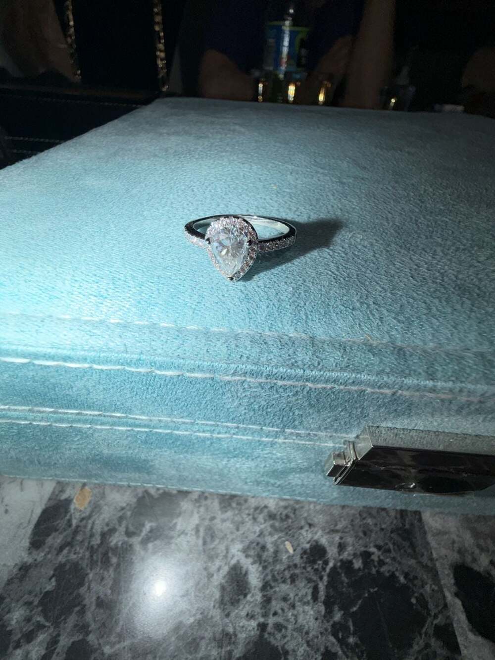 GRA Certified Pear Cut Moissanite Halo Ring with Pave Band size 9